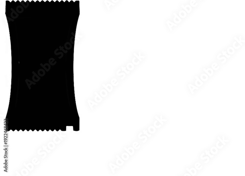 Single black candy wrapper, with serrated top and bottom edges