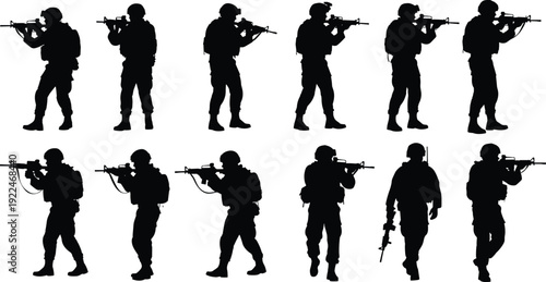 Soldier silhouettes, armed forces, tactical rifle poses, military combat, defense training, battlefield illustration, army figures, weapon silhouettes, war posture, combat design