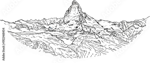 Striking mountainous terrain with a prominent peak, rendered in sketch style