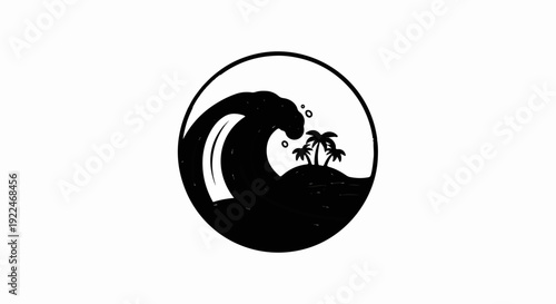 Stylized black silhouette of a crashing wave surrounding a small island with palm trees