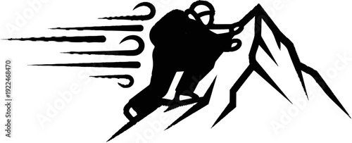 Silhouette of a speed skater or skier ascending a mountain peak
