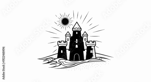 Stylized black and white illustration of a castle on a hill under a bright sun