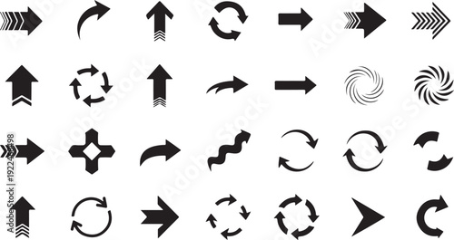 A collection of various directional arrows and symbols in black and white isolated on white background, Vector
