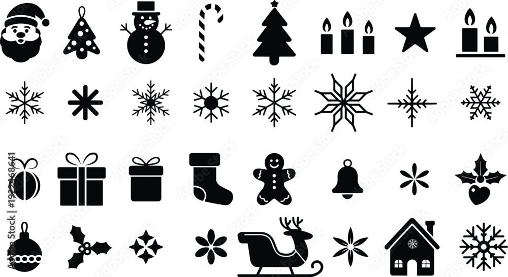Naklejka premium Christmas Holiday Icons Set Black Silhouette Collection. Winter Christmas Symbols Pack Santa Tree Snowflake Icons.
