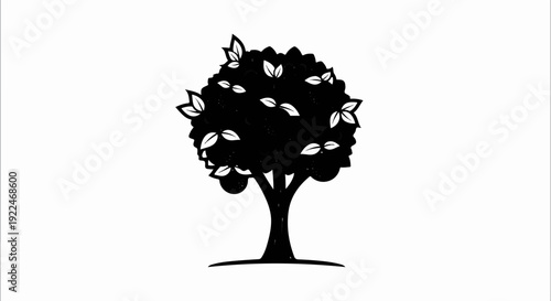 Stylized black silhouette of a fruit-bearing tree with leaves and fruit