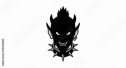 Sinister demon face with pointed horns, sharp teeth, and spiked collar