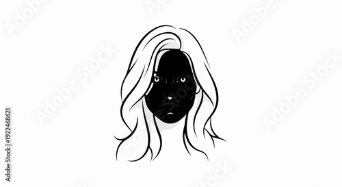 Stylized black and white portrait of a woman with flowing hair