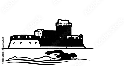 Stylized black silhouette of a fortress overlooking a swimmer in water