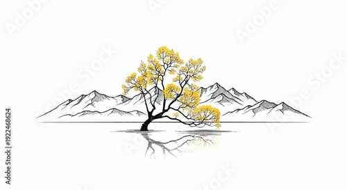Single tree with golden blossoms reflected in water, against a mountain backdrop