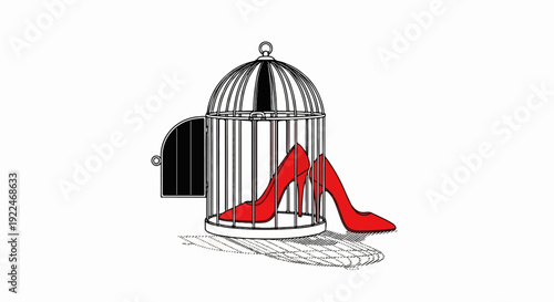 Striking red heels trapped inside a vintage birdcage, open door