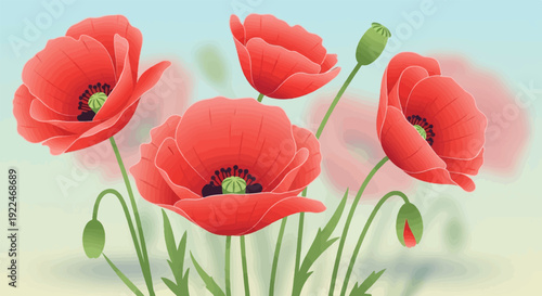 Soft focus illustration of vibrant red poppies and green buds on stalks