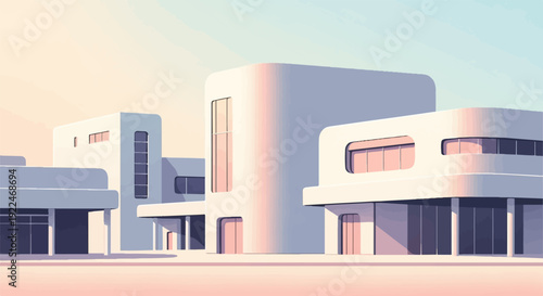 Soft pastel hues illuminate smooth, curved modern architectural structures