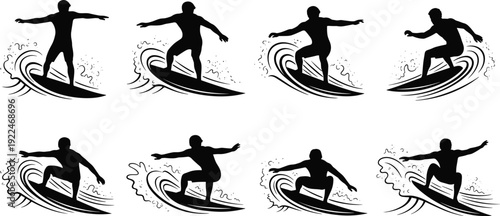 Surfer silhouettes, riding waves, surfboard action, ocean sport, dynamic surfing, water motion, extreme athlete, coastal lifestyle, beach culture, sports illustration