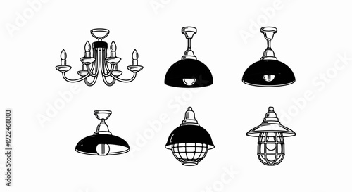 Six diverse lamps, including a chandelier and various pendant styles, are depicted
