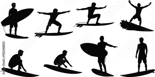 Surfer silhouettes, surfing poses, surfboard stances, riding waves, ocean sport, beach lifestyle, extreme athlete, coastal culture, water motion, dynamic surfing illustration