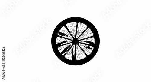 Stylized black and white illustration of a citrus fruit slice