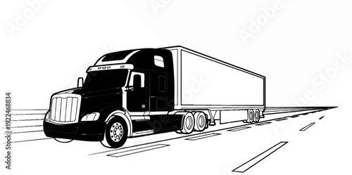 Stylized black and white semi-truck with a long white trailer on a road