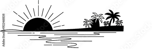 Silhouette of a sun setting over a tropical island with palm trees