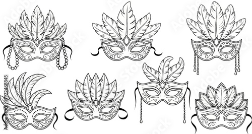Six elegant feathered Venetian masks, intricate designs, artistic illustrations