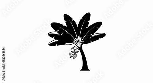 Stylized black and white silhouette of a banana tree with a bunch of bananas