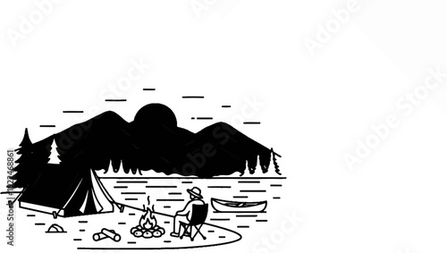 Solitary camper rests by campfire near tent, lake, mountains, and canoe