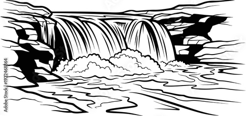 Stylized black and white illustration of a powerful waterfall cascading over rocks into turbulent water below