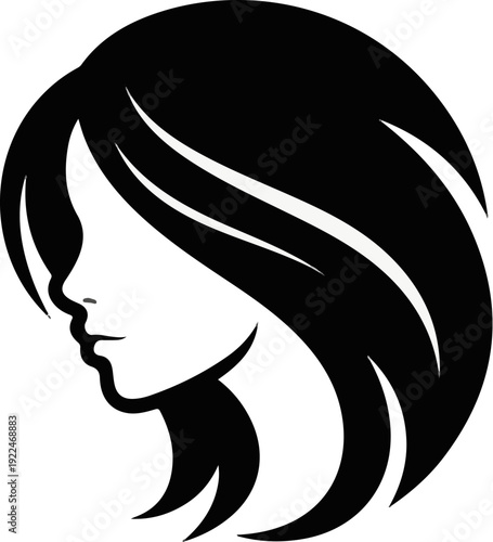 Stylized black and white silhouette of a woman's profile with flowing hair
