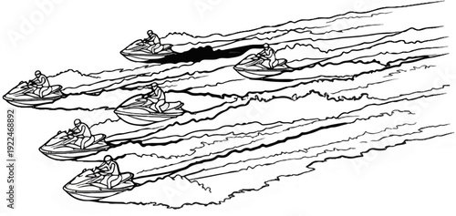 Six individuals race jet skis, leaving trails of white water behind them