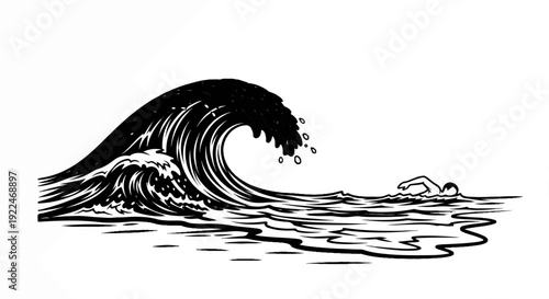 Stylized black and white drawing of a swimmer battling a large, curling wave