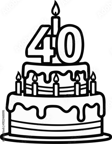 Stylized black and white drawing of a two-tier birthday cake with candles and the number 40