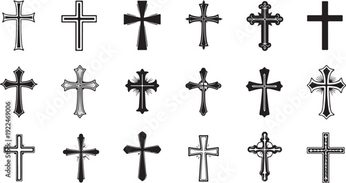 A collection of various cross designs and patterns in black and white isolated on white background, Vector