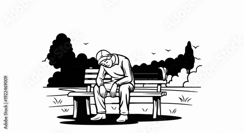 Somber individual sits alone on park bench under cloudy skies