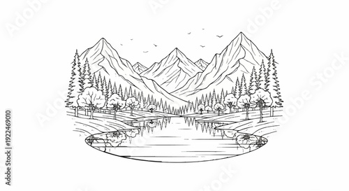 Stylized black and white sketch of a mountain lake reflecting trees and peaks