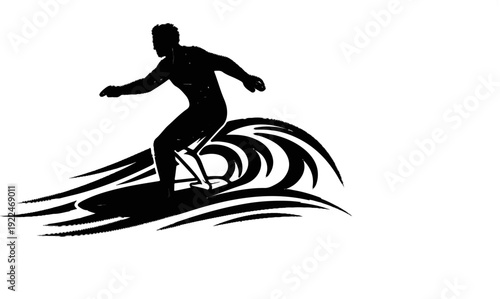 Silhouette of a surfer riding a wave with stylized, dynamic lines