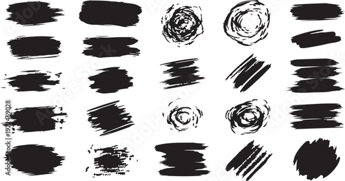 A collection of abstract black and white brush stroke patterns and shapes isolated on white background, Vector
