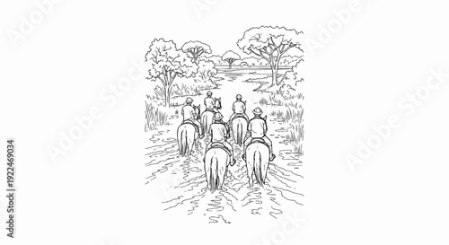 Six people on horseback traverse a shallow riverbed, surrounded by trees