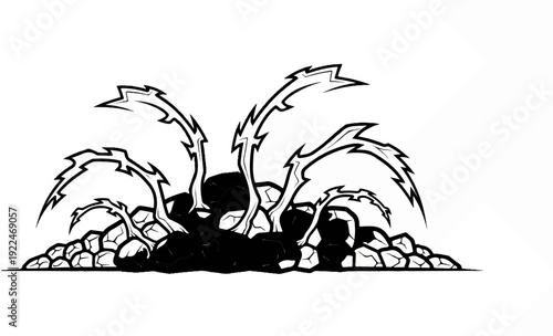 Stylized black and white drawing of jagged plants erupting from rocky ground
