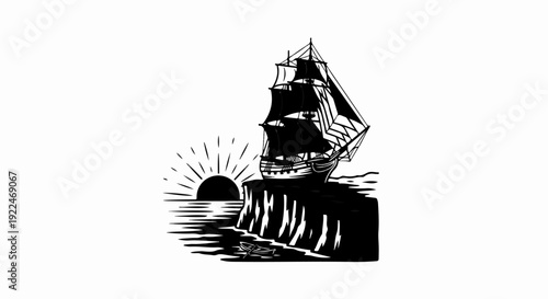 Silhouette of a tall ship on a cliff at sunset with a small rowboat below
