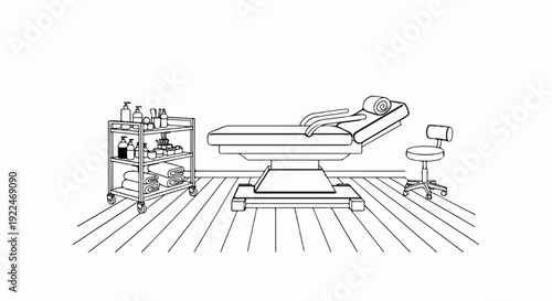 Spa or beauty treatment room with massage bed, trolley, and stool