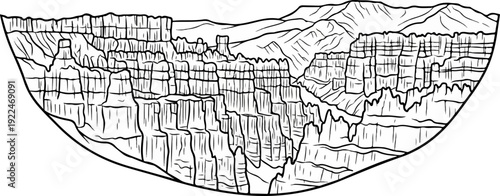 Stylized black and white drawing of majestic rock formations and distant mountains