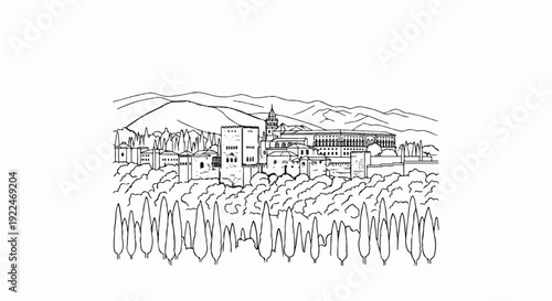Stylized black and white sketch of distant historical buildings with a bell tower