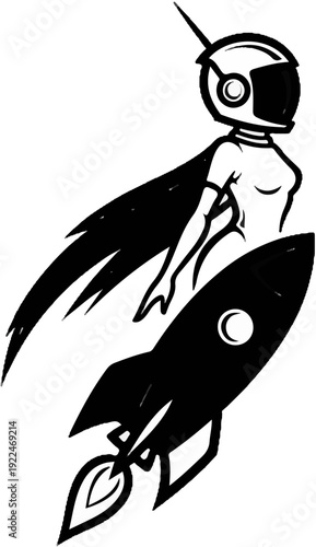 Stylized astronaut with cape in a rocket, black ink sketch