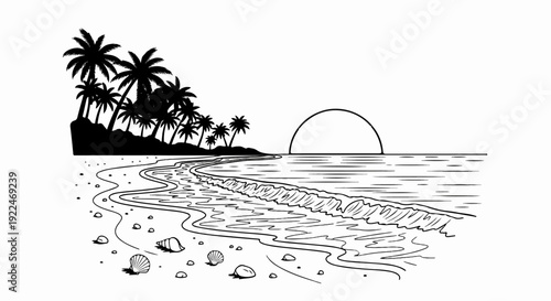 Silhouette of a tropical beach with palm trees, seashells, and a setting sun