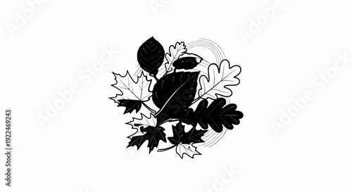 Stylized autumn leaves and abstract circles on a white background
