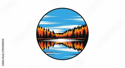 Stylized autumn forest scene reflected in tranquil water under a cloudy sky