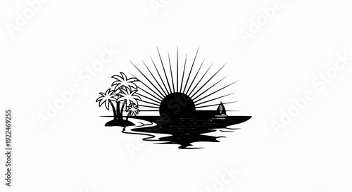 Silhouette of a tropical island at sunset with a sailboat on the water