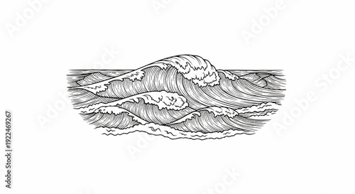 Stylized black and white sketch of powerful, rolling ocean waves