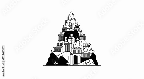 Stylized ancient city built atop rugged, craggy mountainsides