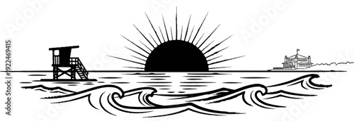 Stylized beach scene with a lifeguard stand, sun, and building