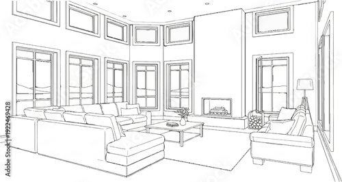 Spacious living room with sectional sofa, fireplace, and large windows